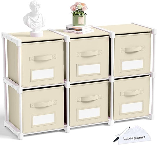 Geelin 6 Sets Cube Storage Organizer Bins with Shelf & Labels 11 Inch, Fabric Collapsible Cubby Toys Clothes Storage Drawer Unit for Daycare Nursery Playroom Bedroom Dorm Organizer (Khaki)
