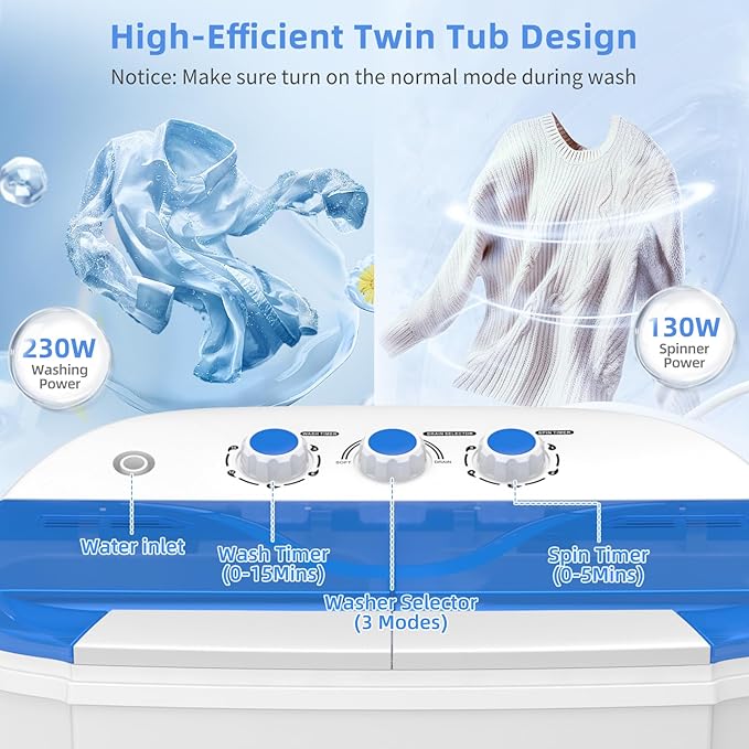 VCJ Portable Washing Machine, Twin Tub Washing Machine Laundry Compact Washer spinner Combo with 14lbs capacity, 9Lbs Washer and 5Lbs Spinner dryer for Apartments RVs and Dorms