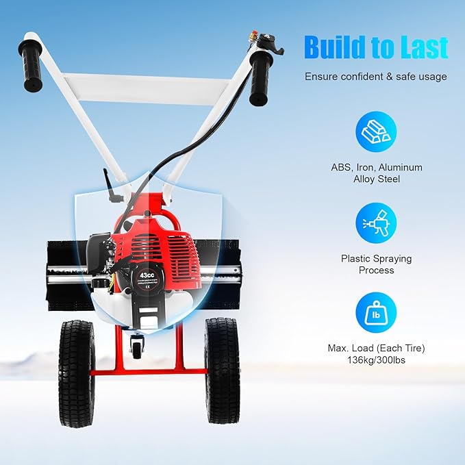 43CC 2-Stroke Gas Push Lawn Sweeper Broom, 1.7HP Gas Walk Behind Push Lawn Sweeper Handheld Walk Behind Snow Sweeper Broom Portable Driveway Turf Grass Cleaning Tool for Garden Yard Sidewalk
