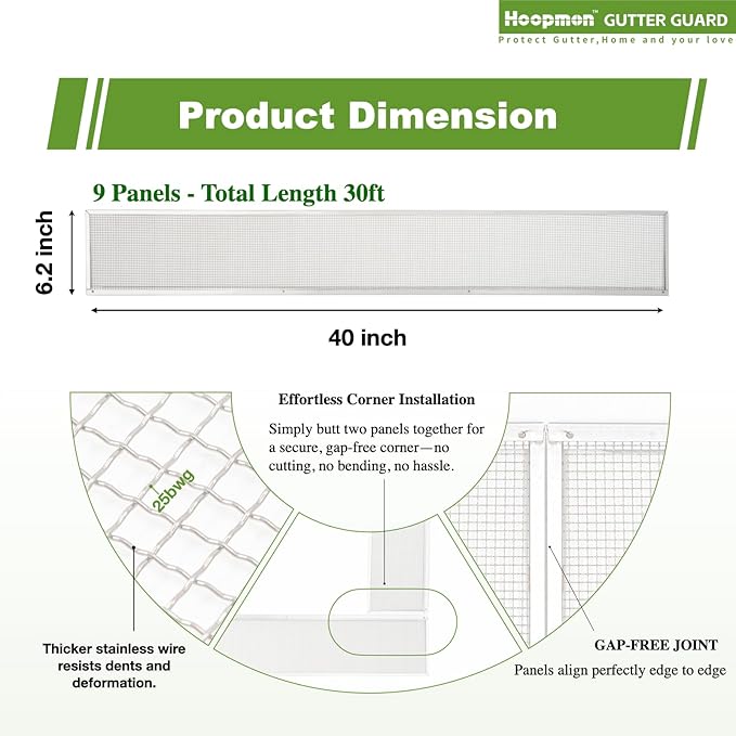 6 Inch Gutter Guard - Heavy Duty 100% Stainless Steel High-Flow Leaf Screen for Debris, Clog & Overflow Protection - Fits K-Style & Half-Round, Screws Included (30 FT, 9 pcs, 6in x 40in)