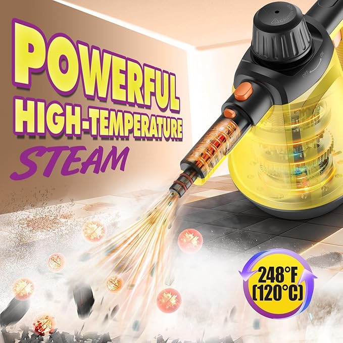Natural Multi-Surface Handheld Steam Cleaner with 10 Accessories, 13.5OZ Pressurized Multipurpose On Demand Steam Cleaner for Home, Steamer for Cleaning Dirt, Grease, Grout, Tile, Windows, Car, Yellow
