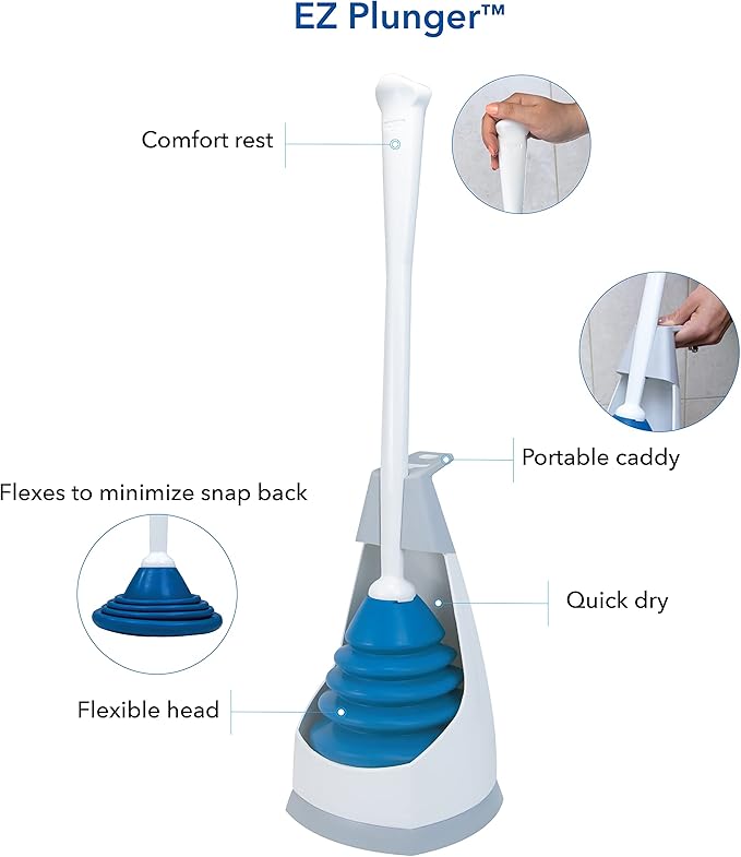 Unger EZ Plunger with No-Drip Carrying Caddy, Tight Seal Toilet Bowl Tool with Portable Holder, Discreet Bathroom Cleaning Supplies, Declogger with Cover, Accordion Shape for Less Splash Back