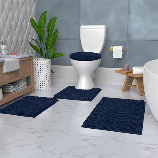 LuxUrux Bathroom Rugs Sets 4 Piece - Non-Slip Shaggy Chenille Mat Set - Includes U-Shaped Contour Toilet Mat, Lid Cover, 20x30'' and 16x24'' Bath Mat - Navy
