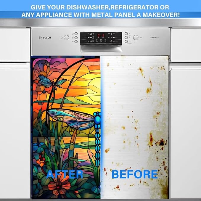 Dragonfly Dishwasher Cover for Home Appliance, Colorful Glass Art Vinyl Decal for Dish Washer Sticker, Spring Flowers Refrigerator Panel Door Cover, (23" x 26" Ordinary)