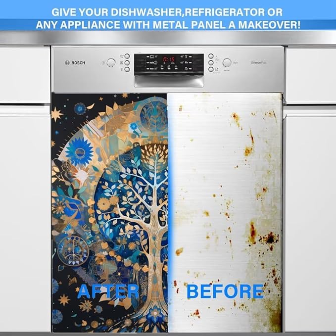 Tree of Life Dishwasher Magnet Cover Vinyl Fridge Panel Decal, Mandala Style Magnetic Refrigerator Front Door Cover, Tree of Life Cabinet Sticker for Home Appliance Decor (23" W x 26" H Magnetic)