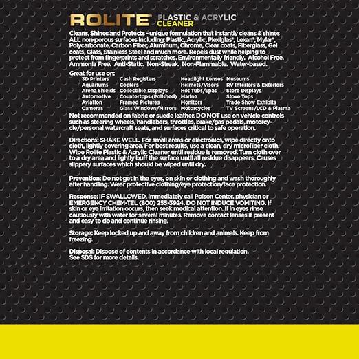 Rolite Plastic Acrylic Cleaner 8 Fl. Oz. Streak-free Polish for Windshields Windows Headlights Marine Plexiglass