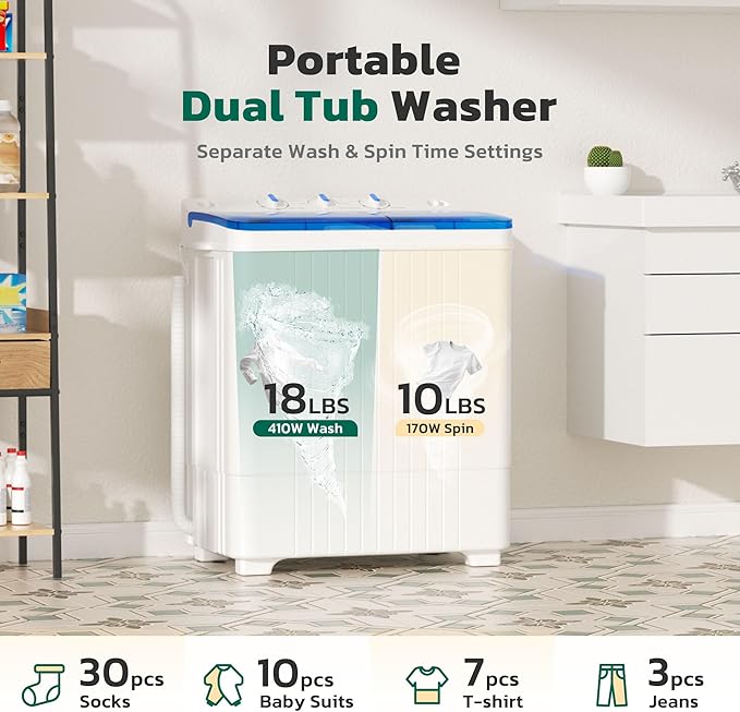 Greenvelly Portable Washing Machine, 28 Lbs Capacity Twin Tub Washing Machine, 18lbs Washer and 10lbs Spinner Combo, Compact Laundry Washer for Apartment,Camping, RVs and Dorms, Blue+White