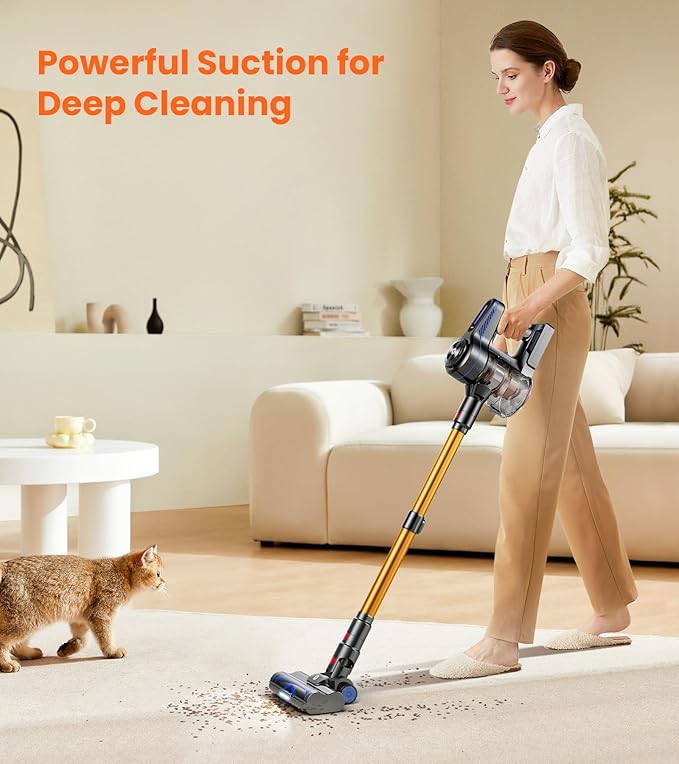 NADALY Cordless Vacuum Cleaner, 500W 40KPa Self-Standing Stick Vacuum with 45-Min Runtime, Anti-Tangle V-Shaped Brush, 1.5L Large Dust Cup, Lightweight for Hardwood Floor Carpet Pet Hair