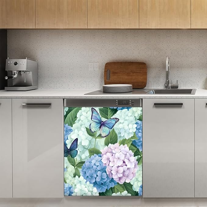 Dishwasher Magnet Cover Butterfly Hydrangea Flowers Reusable Dishwasher Magnetic Cover Sticker Decorative Dish Washer Door Cover Panel for Home Kitcen Appliance, 21x26 in