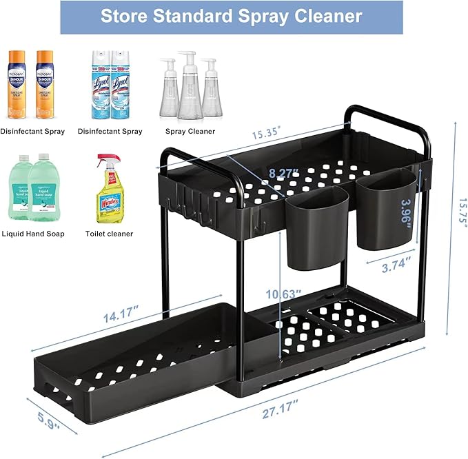 Under Over Sink Organizer and Storage, Under bins for Kitchen and Bathroom Sink Organizers and Storage Cabinet Cleaning Supplies Organizer Shelf Sliding Drawer(2 Packs)