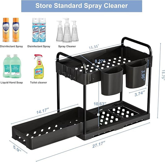 Under Over Sink Organizer and Storage, Under bins for Kitchen and Bathroom Sink Organizers and Storage Cabinet Cleaning Supplies Organizer Shelf Sliding Drawer(2 Packs)