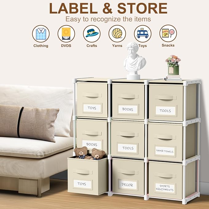 Geelin 9 Sets Cube Storage Organizer Bins with Shelf & Labels 11 Inch, Fabric Collapsible Cubby Toys Clothes Storage Drawer Unit for Daycare Nursery Playroom Bedroom Dorm Organizer (Khaki)
