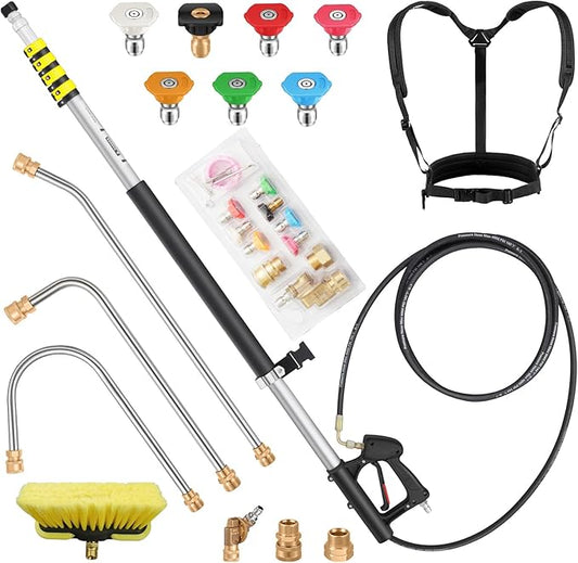 24FT Telescoping Pressure Washer Extension Wand, Hot Water Supported Power Washer Extension Wand, Solar Panel Cleaner Pole with Brush Head, 7 Nozzle Tips, 3 Adapters & Harness