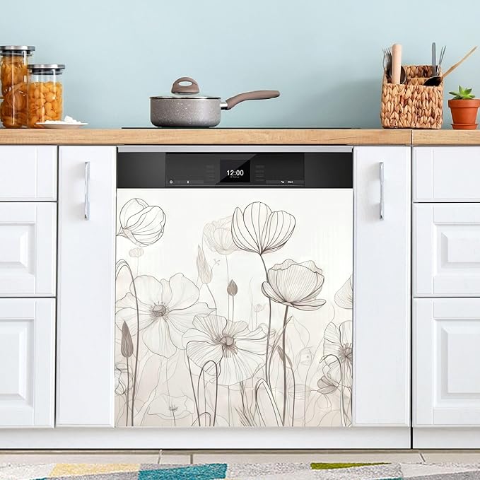 Vnurnrn Dishwasher Magnet Cover Line Drawn Flowers Print, Dish Washer Cover for Kitchen Decor, Easily Trimmable Dishwasher Sticker Refrigerator Magnetic Cover 23×26 in
