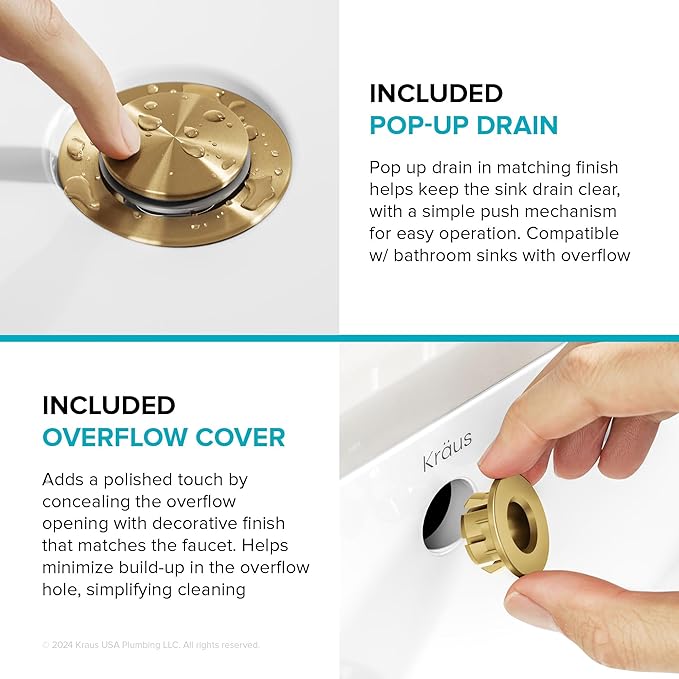 KRAUS Indy Bathroom Faucet in Spot-Free Brushed Brass with Single Handle, Pop Up Drain and Supply Lines, KBF-1411SFBB
