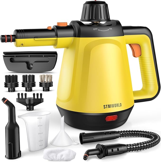 Natural Multi-Surface Handheld Steam Cleaner with 10 Accessories, 13.5OZ Pressurized Multipurpose On Demand Steam Cleaner for Home, Steamer for Cleaning Dirt, Grease, Grout, Tile, Windows, Car, Yellow