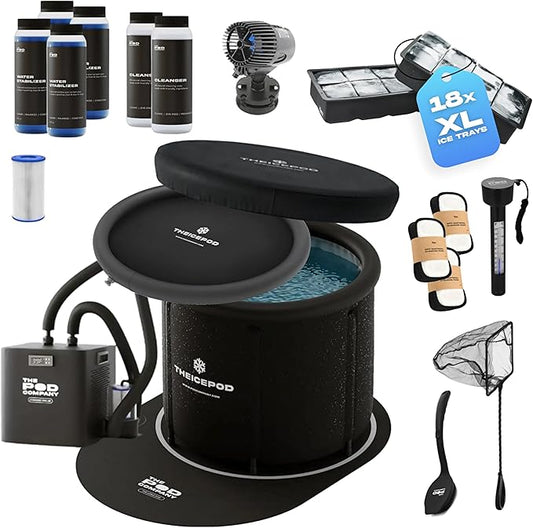 The Pod Company Standard Ice Pod Ultimate Cold Plunge Bundle – 84-Gallon Portable Ice Bath with Pro Water Chiller, 18 Ice Bricks, Insulation Set, Water Circulation Jet & Maintenance Kits