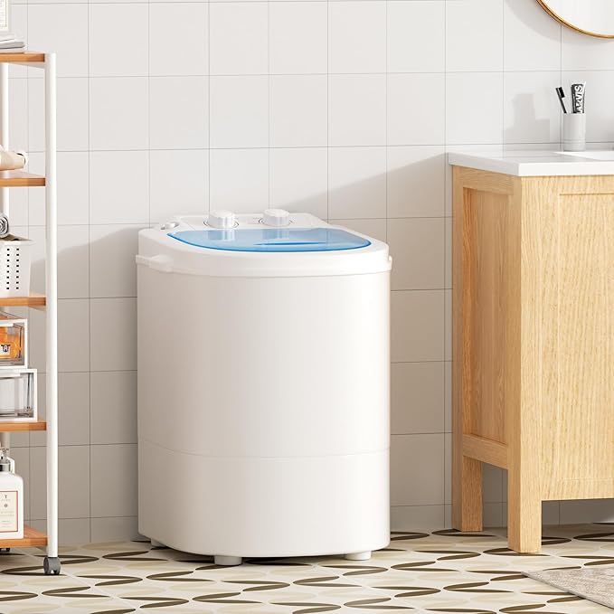 Greenvelly Portable Washing Machine, Single Tub Small Laundry Washer with Spin Basket, 6.6lbs Portable Washer Dryer Combo for Apartments,Dorms (White Blue)