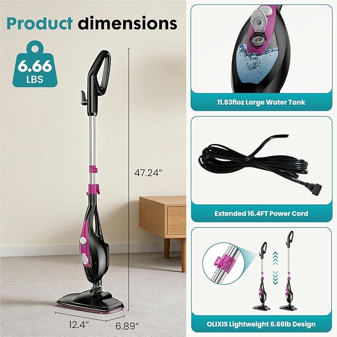 OLIXIS 10-in-1 Steam Mop, 1550W Detachable Handheld Steam Cleaner for Floor Cleaning, 16.4FT Cord, 2 Washable Pads, Multi-Purpose Floor Steamer for Hardwood, Carpet, Tile, Grout, Windows, Black Pink