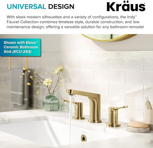 KRAUS Indy Widespread Bathroom Faucet in Spot-Free Brushed Brass with 2 Handles, Pop Up Drain and Supply Lines, FUS-14103SFBB