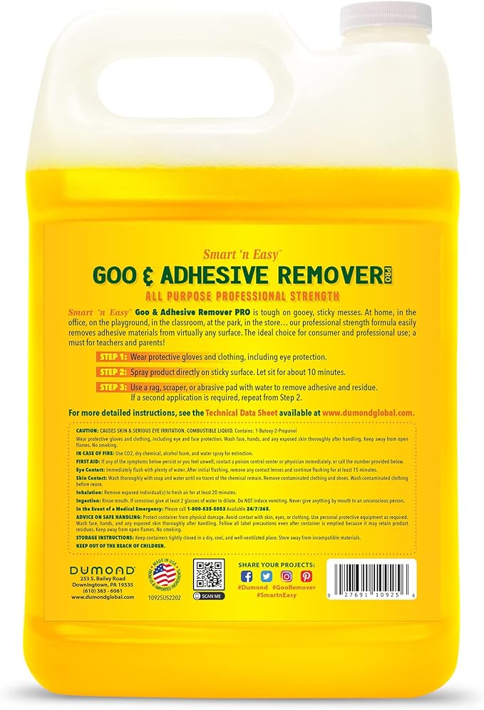 Dumond Smart 'n Easy Goo & Adhesive Remover, Surface Safe, Removes Stickers, Labels, Decals, Tape, Sticky Residue, Chewing Gum, Glue, Grease, Tar, Lemon Citrus Scent, 1 Gallon Refill