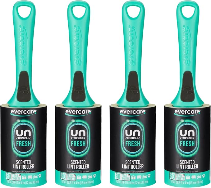 Evercare with Unstopables Fresh Scent All-Purpose Lint Roller, 4-Pack, 80 Layers Per Roller, Total 320 Sticky Sheets, Pet Hair & Lint Remover by Evercare