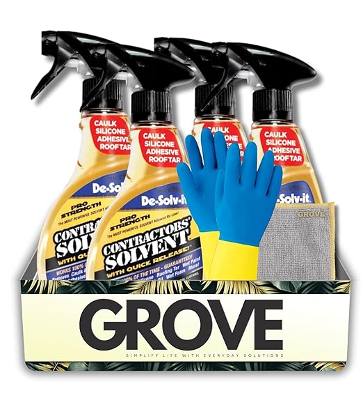 4x Contractors Solvent Citrus Scent by De-Solv-it 32 oz Liquid Bundle with Microfiber Cloth + Cleaning Gloves – Heavy-Duty Degreaser Spray – Adhesive, Tar, and Grease Remover – Gift Set (6 Items)