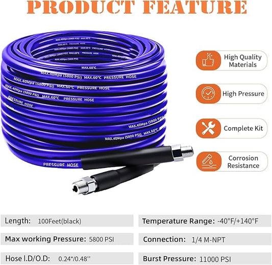 Sewer Jetter Kit for Pressure Washer, 100FT Drain Cleaner Hose 5800PSI with 1/4 Inch NPT Corner, Rotating Nozzle and 4 Different Button Nose Sewer Jet Nozzles, Waterproof Tape and 2 Spanners （Purple）
