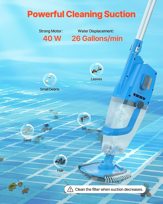 VEVOR Pool Vacuum, 26 GPM Handheld Cordless Hot Tub Vacuum with Extension Pole, for Deep Cleaning & Strong Suction, Rechargeable Pool Cleaner, Running up to 1Hour, for Above Ground/Inground Pool Spas
