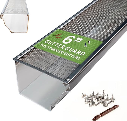 6 Inch Gutter Guard - Heavy Duty 100% Stainless Steel High-Flow Leaf Screen for Debris, Clog & Overflow Protection - Fits K-Style & Half-Round, Screws Included (50 FT, 15 pcs, 6in x 40in)