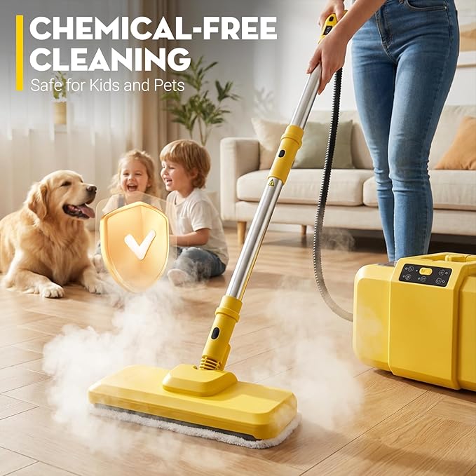 Steam Cleaner, Chemical-Free High-Pressure Commercial Steamer Cleaner with Unlimited Steam Injection, Fast Heat-Up, 2.2L Capacity, 14 Accessories for Floors, Grout, Upholstery (yellow)