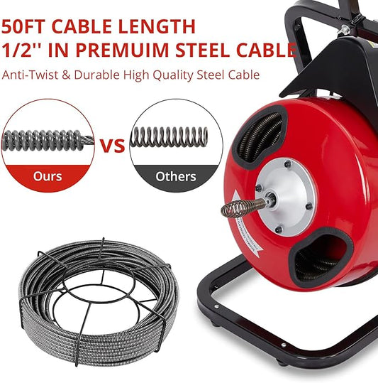 Garvee K-300F 1/2 in 50 ft Red & Black Electric Drain Cleaner Machine - Automatic Auger for 1 to 4 in Pipes, Portable Design, 4 Cutters, Foot Switch Control, and Includes Gloves.