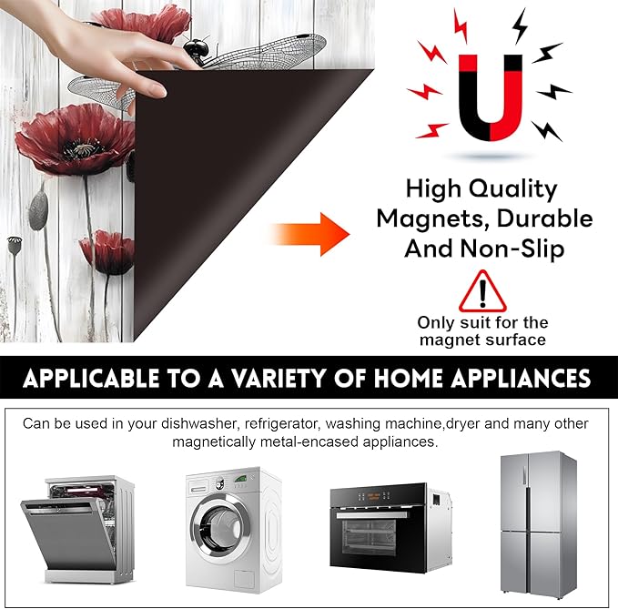 NYZE Dishwasher Magnets Cover, Dishwasher Magnetic Sticker Decorative, 23 x 26 Inch Removable Reusable Magnet Dish Washer Cover Mat for Dishwashers Kitchen Appliances (Red Flower & Dragonfly)
