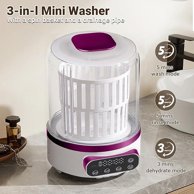 3L Portable Washing Machine,3 In 1 Portable Washer-Dryer Combo, Home Mini Underwear-Specific Washing Machine，3 Modes 3000mAh Laundry Machine for apartments, dormitories, travel, and hotels (Purple)