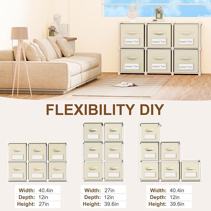 Geelin 6 Sets Cube Storage Organizer Bins with Shelf & Labels 11 Inch, Fabric Collapsible Cubby Toys Clothes Storage Drawer Unit for Daycare Nursery Playroom Bedroom Dorm Organizer (Khaki)