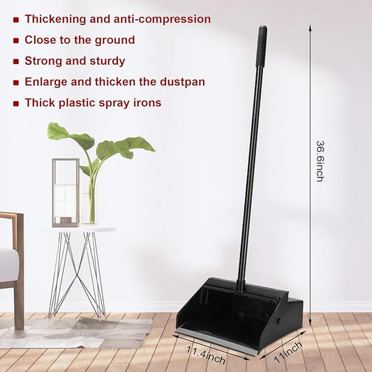 Leumoi 8 Pcs Dust Pans with Long Handle Set 36.6 Inch Commercial Dust Pan with Comb Large Plastic Stand up DustPans for Outdoor Indoor Restaurant Home Office Floor Cleaning (Black)