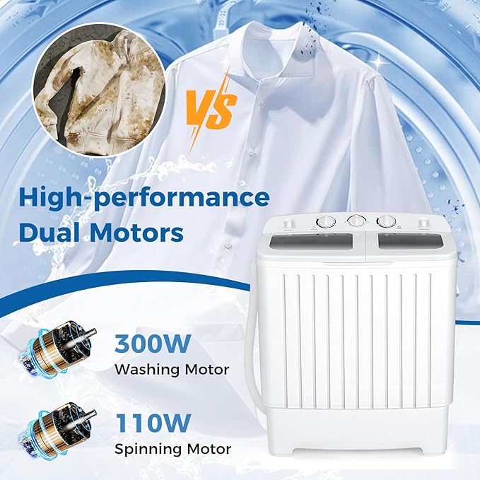 LDAILY Portable Washing Machine, 20lbs Compact Twin Tub Washer and Spinner with Drain Pump and Deep Cleaning, Mini Laundry Washing Spinning Combo for Apartment, RV, Dorm, Camping (White & Grey)