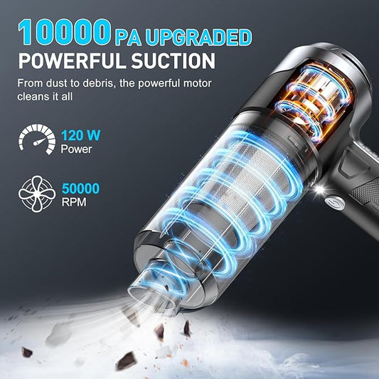 KMM Handheld Car Vacuum Cleaner, 10000PA Vacuum Cleaner & Air Duster, 120W High Power Vacuum Portable Cordless, Hand Held Vacuum Rechargeable with Multi-Nozzles & LED Light for Home, Car, Office
