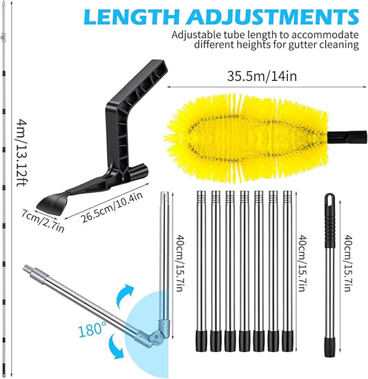 Hysagtek 13FT Gutter Cleaning Tools - Adjustable Long-Reach Rain Gutter Cleaning Brush, No Ladder Needed Removes Leaf Debris from Roof Gutters, Leaf Cleaning Kit with Brushes & Shovel