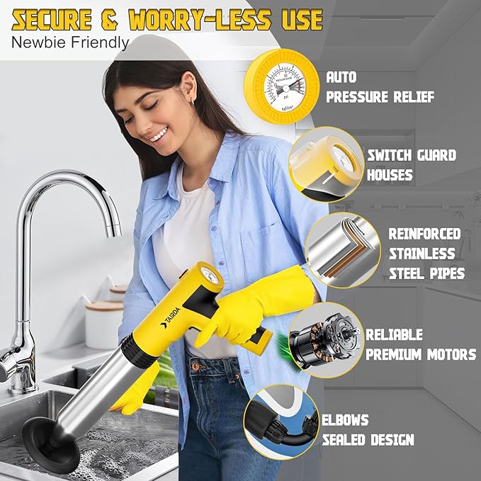 Electric Toilet Plunger, High Pressure Toilet Plungers, Cordless Electric Drain Unclogger Tool with Automatic Pressurized, NO Splash Back, 3 Heads & Storage Bag, for Bathroom Shower Floors