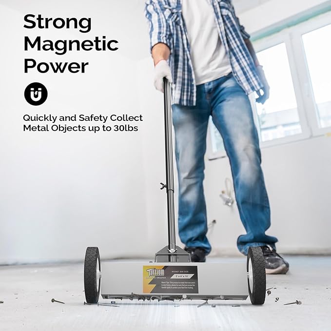 TUFFIOM 18'' Rolling Magnetic Pick-Up Sweeper |45-LBS Capacity, with Quick Release Latch & Adjustable Long Handle, for Nails Needles Screws Collection