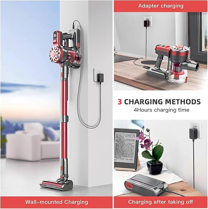 WLOTPO Cordless Vacuum Cleaner for Home,Lightweight Stick Vacuum Cordless Rechargeable with Power Suction, Up to 35 Mins Runtime, Hardwood Floor Vacuum for Pet Hair,Carpets,Tile(Cherry Red)