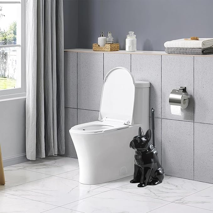 Comeon Ceramic Dog White/Black Toilet Brush and Holder Set, Plastic Handled Scrub Brush for Bathroom Cleaning,13.7"*6.3" (Black)