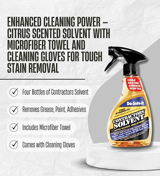 4x Contractors Solvent Citrus Scent by De-Solv-it 32 oz Liquid Bundle with Microfiber Cloth + Cleaning Gloves – Heavy-Duty Degreaser Spray – Adhesive, Tar, and Grease Remover – Gift Set (6 Items)