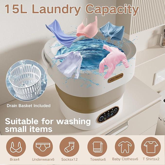 Portable Washing Machine, 15L Mini Collapsible Washer with 3 Cleaning Modes for Baby Clothes, Underwear, Small Foldable Laundry for Travel Apartment Home Dorm Hotel Camping (White+Khaki)