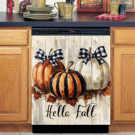 Generic Pumpkin and Maple Leaves on Rustic Wood Boards Dishwasher Face Cover Magnetic,Magnetic Dishwasher Decorative Hello Fall Stickers,Magnetic Dishwasher Sticker,Fridge Door Cover,23Wx26H