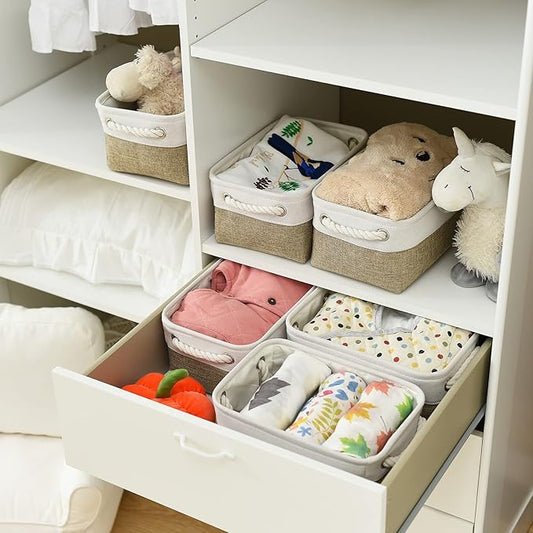 TheWarmHome Storage Basket for Shelves - 12x8x5.2 inch Small 6 Pack Collapsible Storage Bin for Closet with Handles, Fabric Storage Cubes for Cloth Organizer Gift Toy Decorative (White & Khaki)