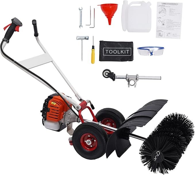 52CC 2.5HP Gas Power Sweeper Walk Behind Broom Driveway Grass Snow Cleaning Tool, 2.5HP Sweeper, for Cleaning Construction Sites, Farms, Streets, Driveways, Parks