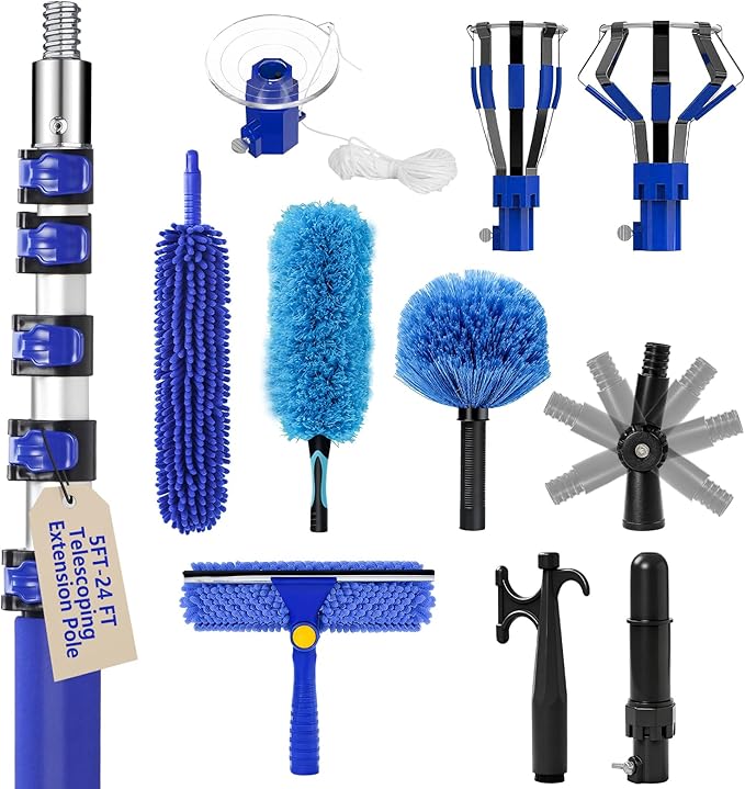 30FT Light Bulb Changer for High Ceilings with 5-24FT Heavy Duty Extension Pole,High Ceiling Ceiling Fan Cleaner Duster Kit for Home & House High Window, Interior Roof Window Cleaning Blue