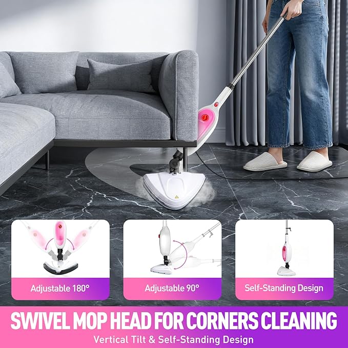 10-in-1 Steam Mop & Detachable Handheld Steamer, 20s Fast Heat-Up, 16FT Power Cord, Multi-Purpose Steam Cleaner for Floors/Carpet/Grout/Window/Stove, Streak-Free Deep Home Cleaning